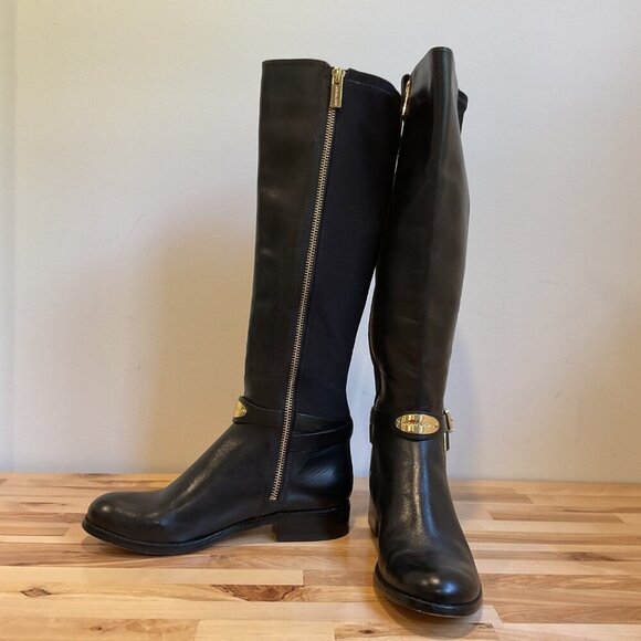 Michael Kors Black Leather Knee-High Riding Boots gold hardware Womens Size 5.5 - Picture 6 of 16